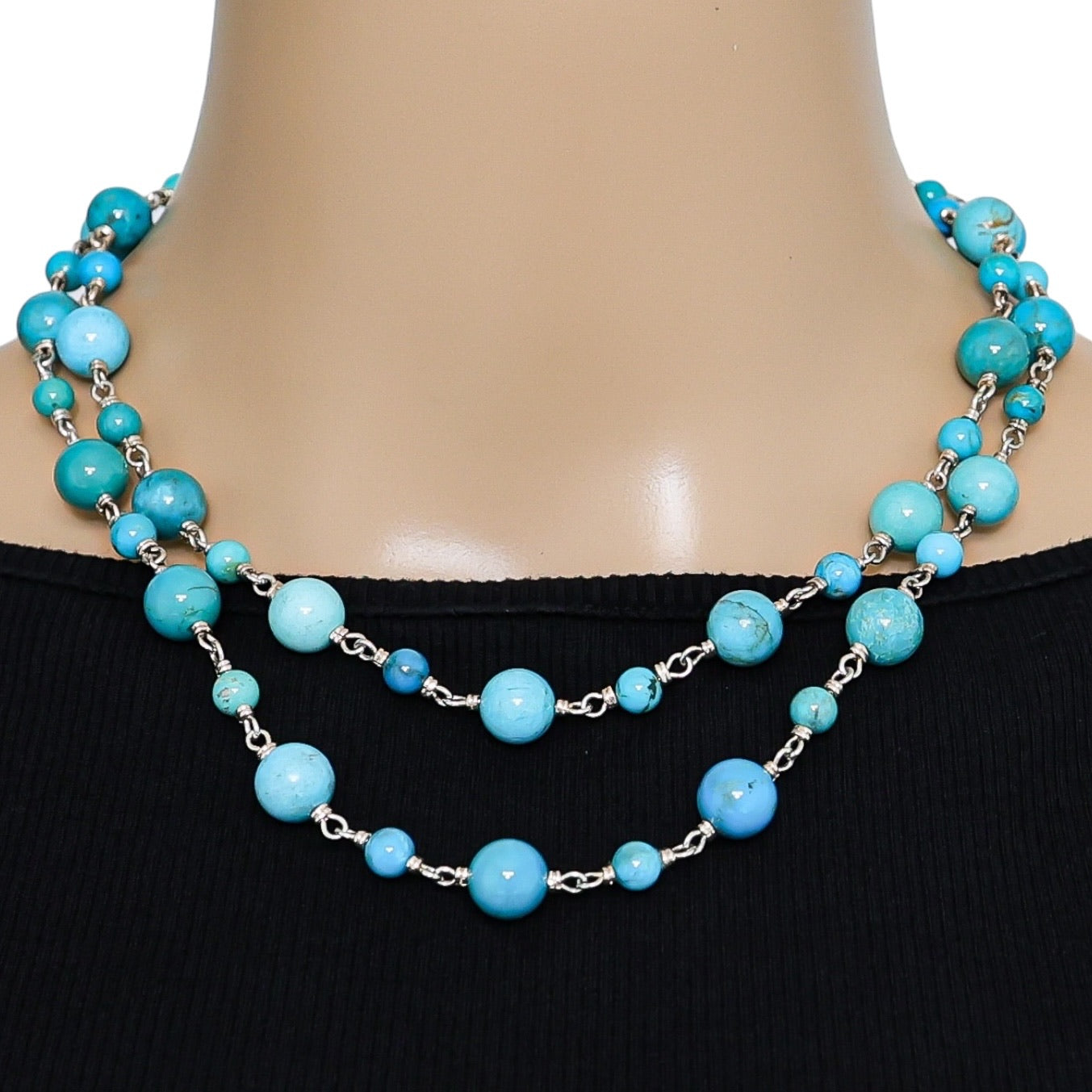 Whitney Kelly 35" Sterling Turquoise Necklace – Linked Beads – Signed WK 925 China