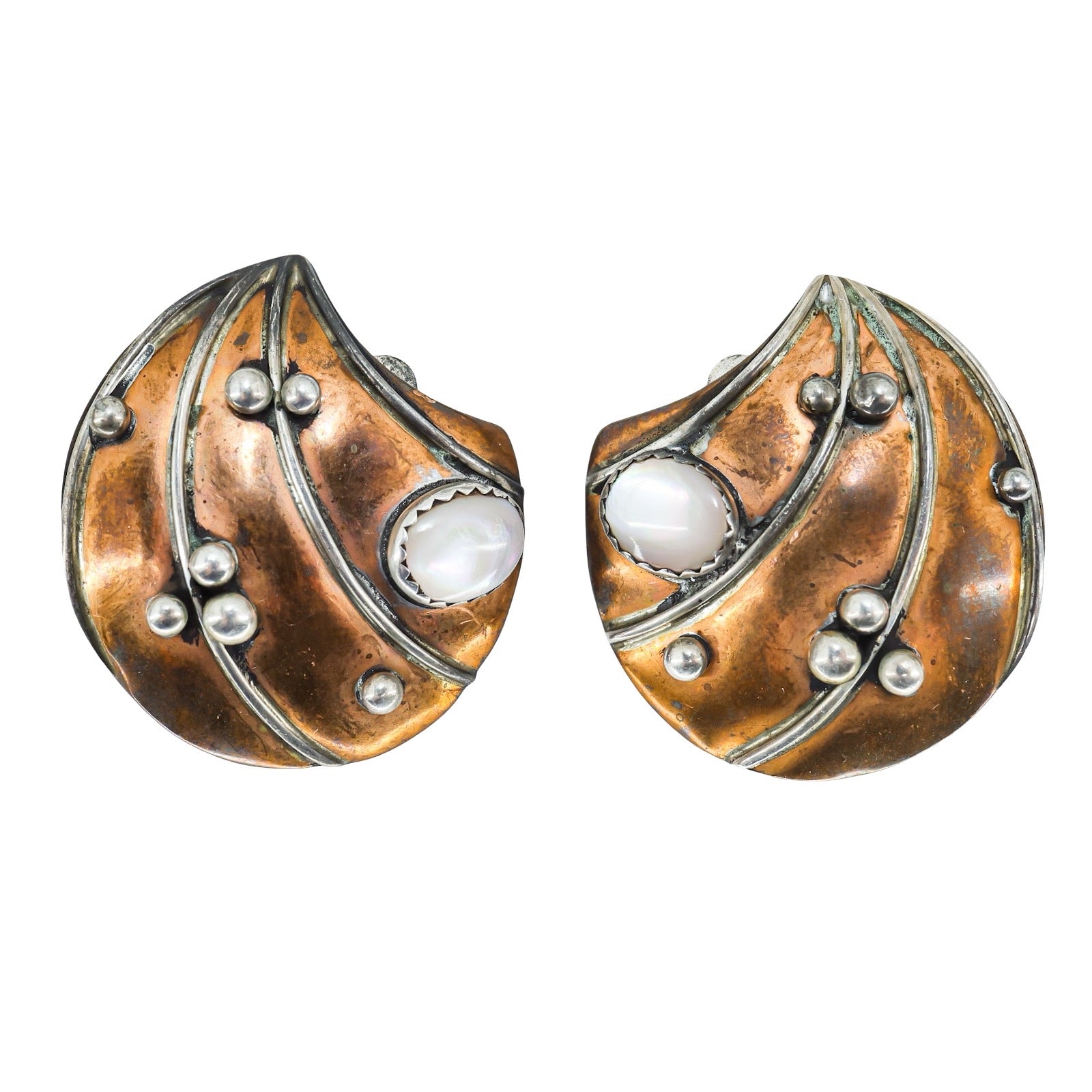 Vintage Wolf Dosch Sterling Copper Clip Earrings Modernist Mixed Metals 1.5” Signed