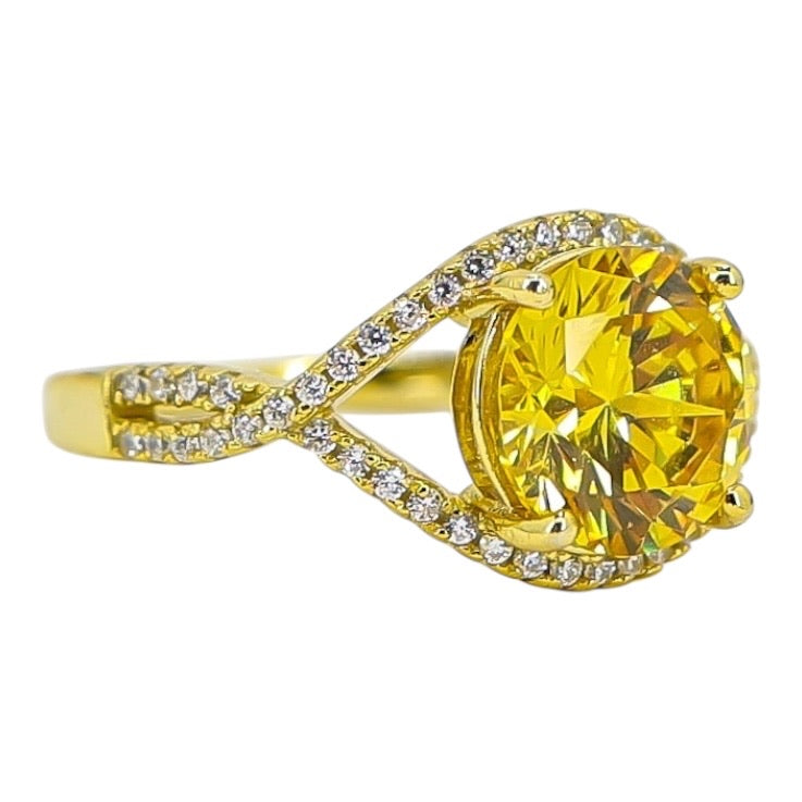 Sterling Silver Yellow Cubic Zirconia Statement Ring – Pave Split Shank Design - Size 8